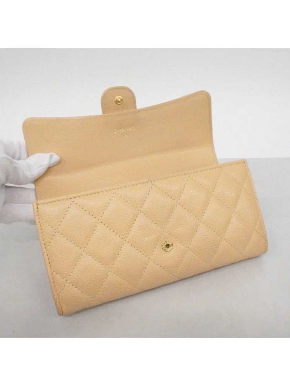 Chanel Wallet Quilted Caviar Leather Beige Gold